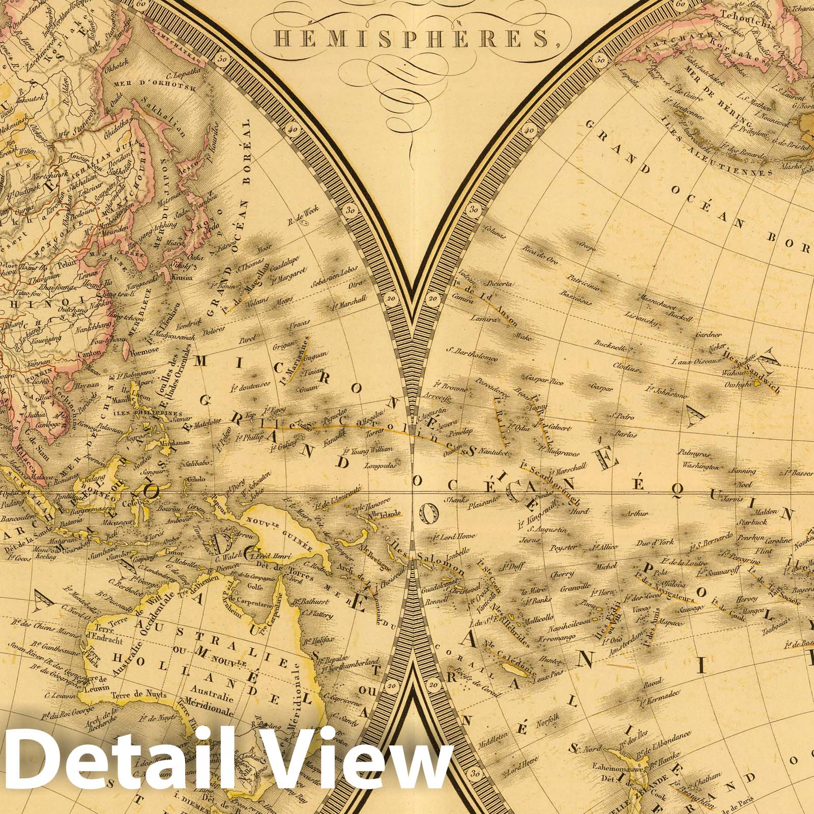 World Map in Two Hemispheres, 1842 - Historical Map Print