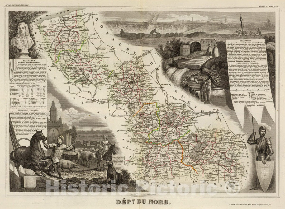 Historic Wall Map : France, 1856 Dept. Du Nord. , Vintage Wall Art
