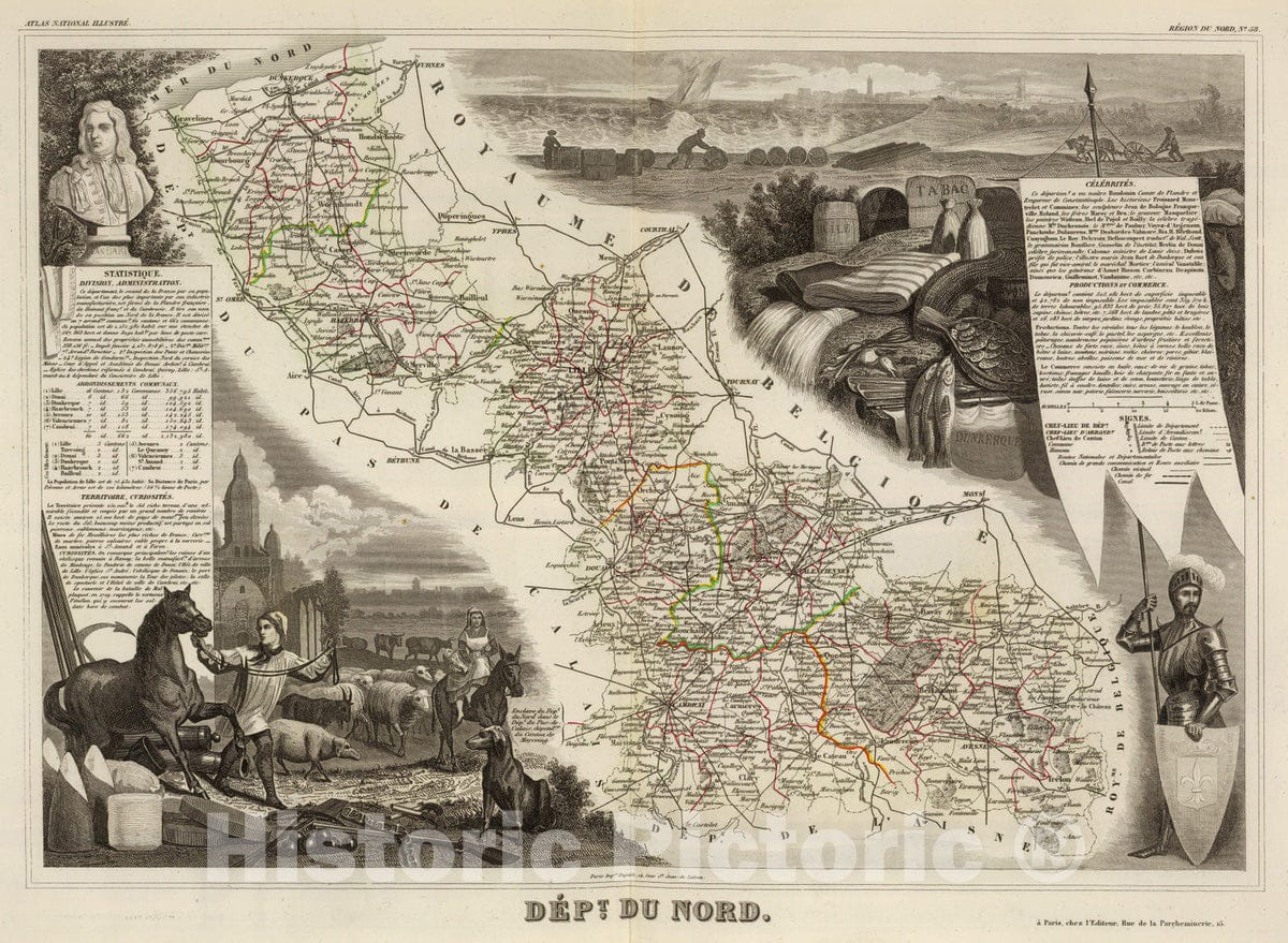 Historic Wall Map : France, 1856 Dept. Du Nord. , Vintage Wall Art