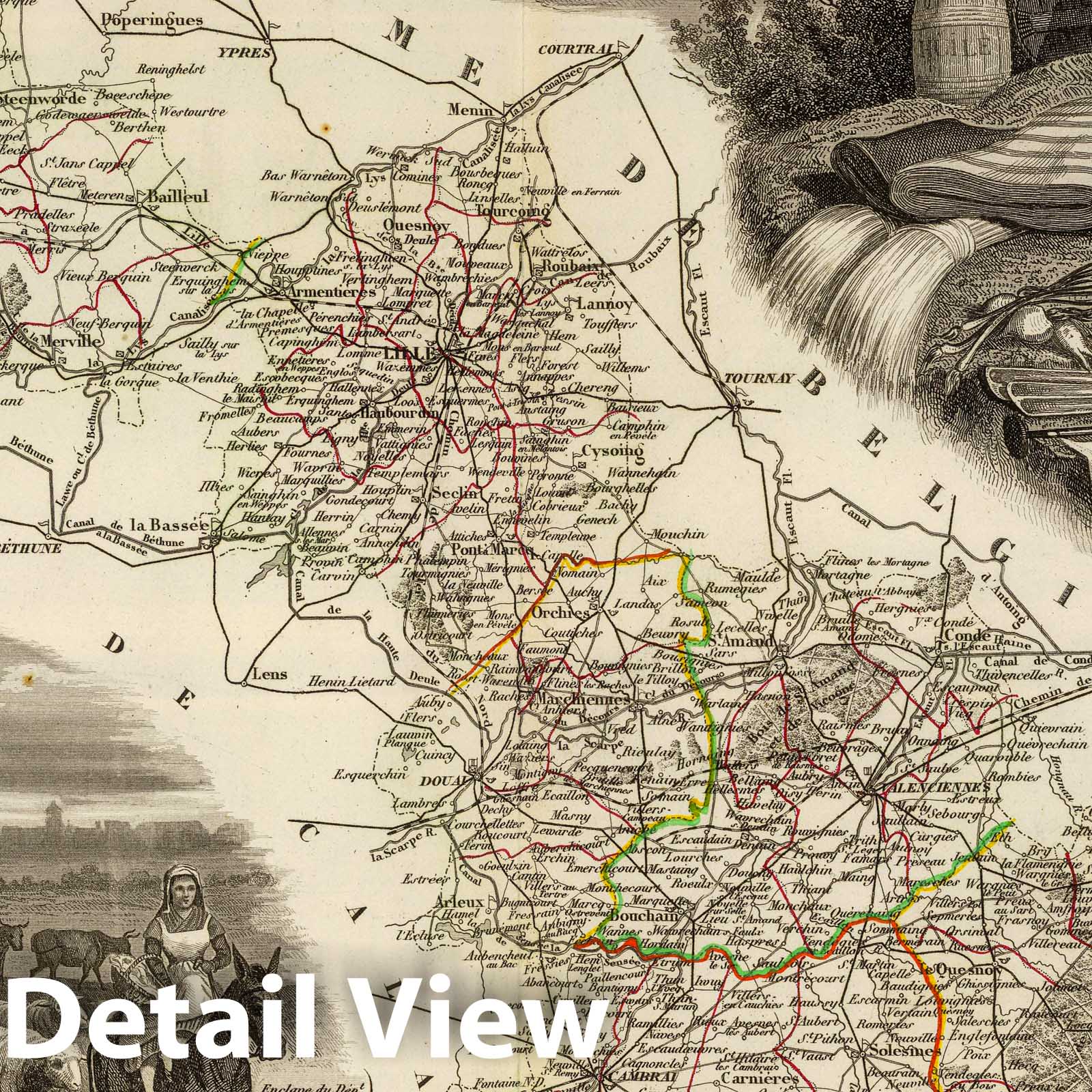 Nord, France - Road Map, 1856 - Historical Map Print from Atlas National Illustré