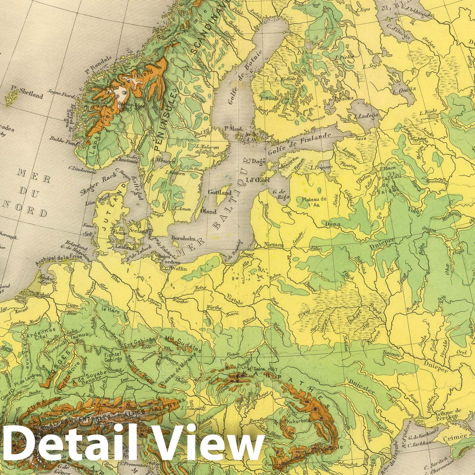 Europe - Physical Map, 1892 - Hand-Colored Topographic Historical Map Print