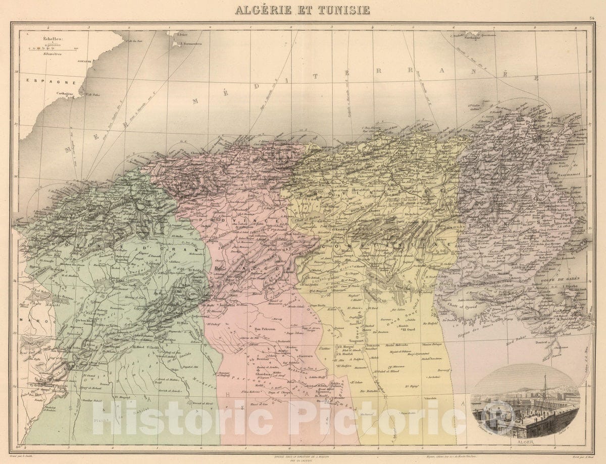 Historic Map : Algeria; Tunisia, 1892 Algerie et Tunisie. , Vintage Wall Art
