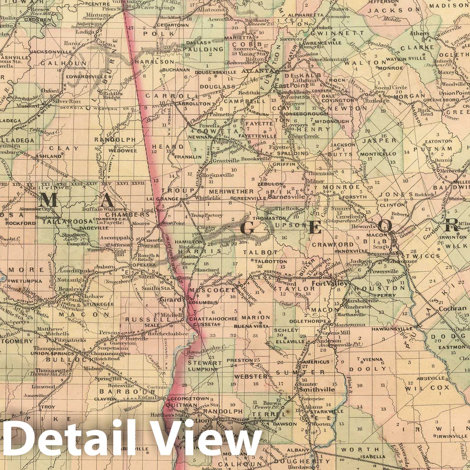 Georgia and Alabama - Railroad Map, 1875 - Historical Map Print