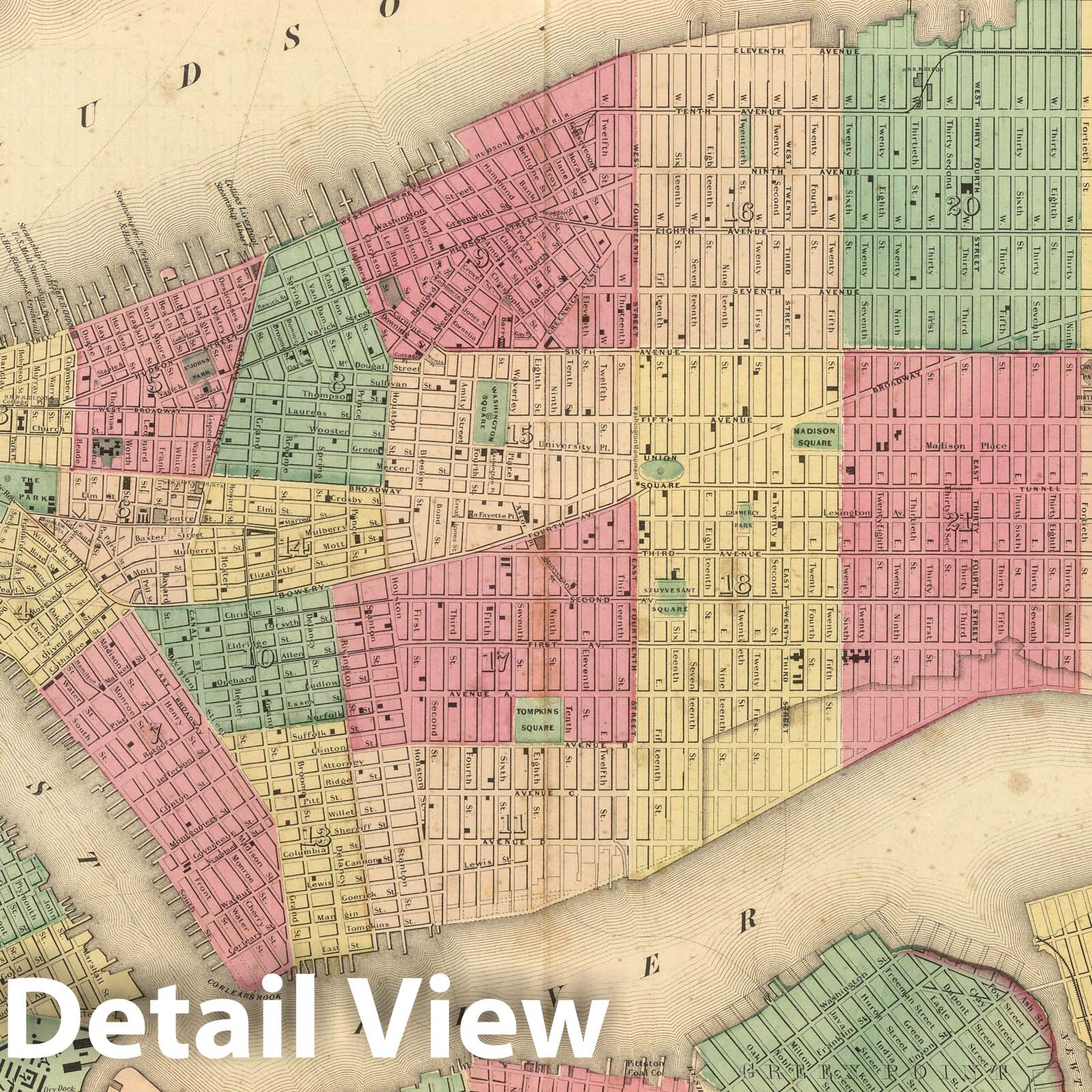 New York City and Adjacent Cities - Physical Map, 1857 - Historical Map Print