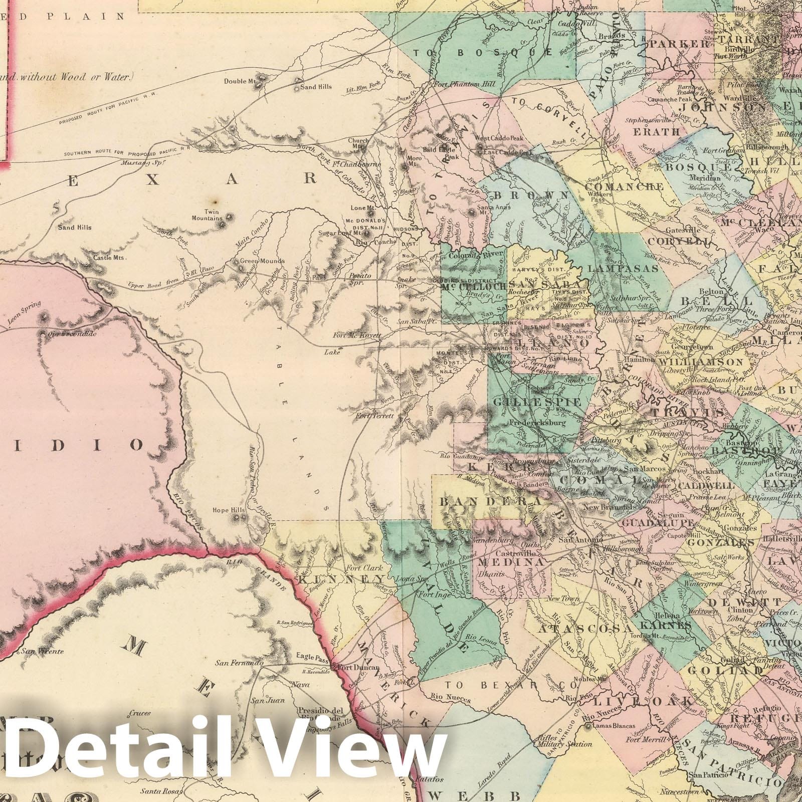 Texas - Physical Map, 1857 - Colton's Atlas Historical Map Print