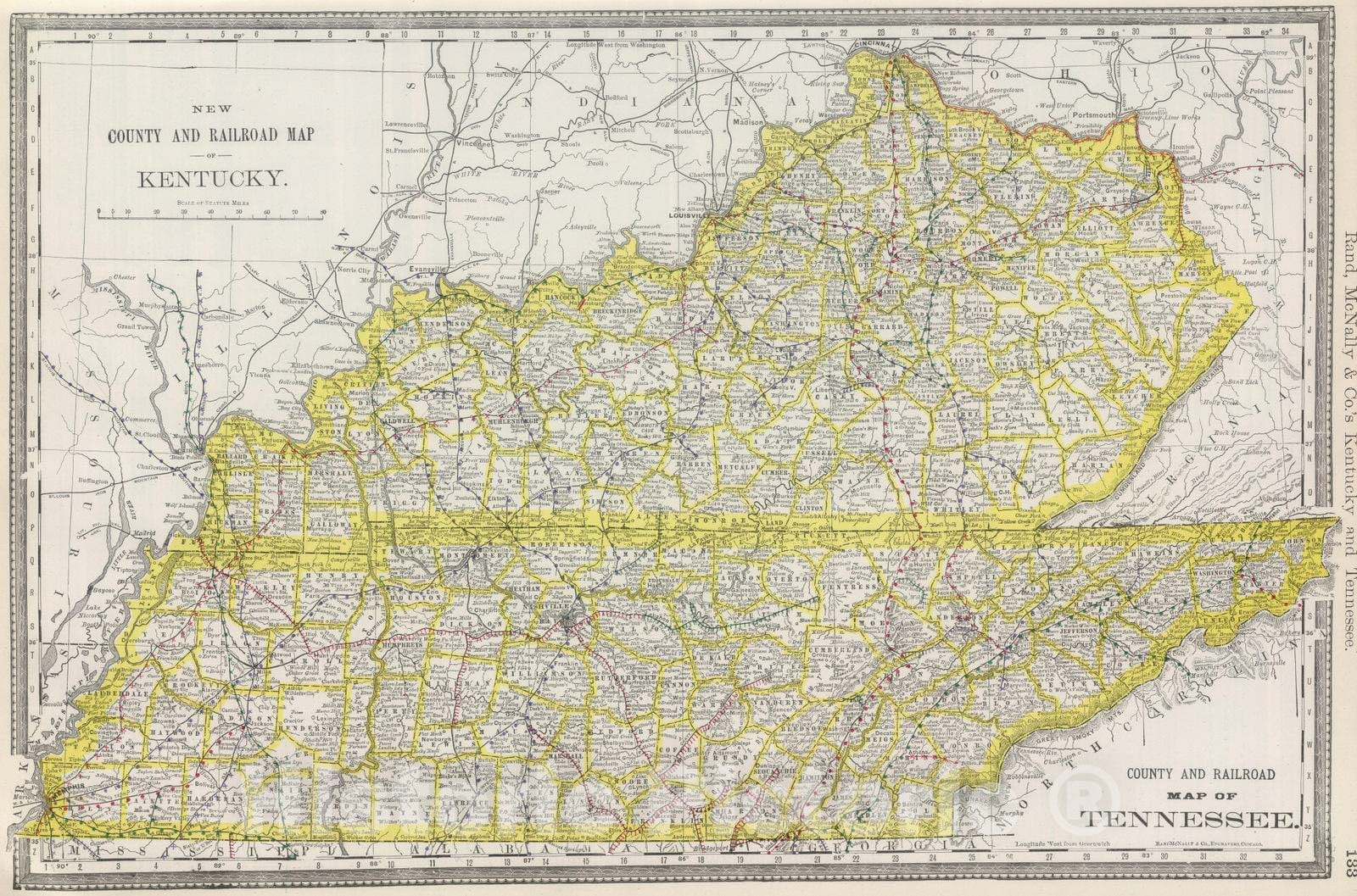 Historic Map : National Atlas - 1889 Kentucky And Tennessee. - Vintage Wall Art