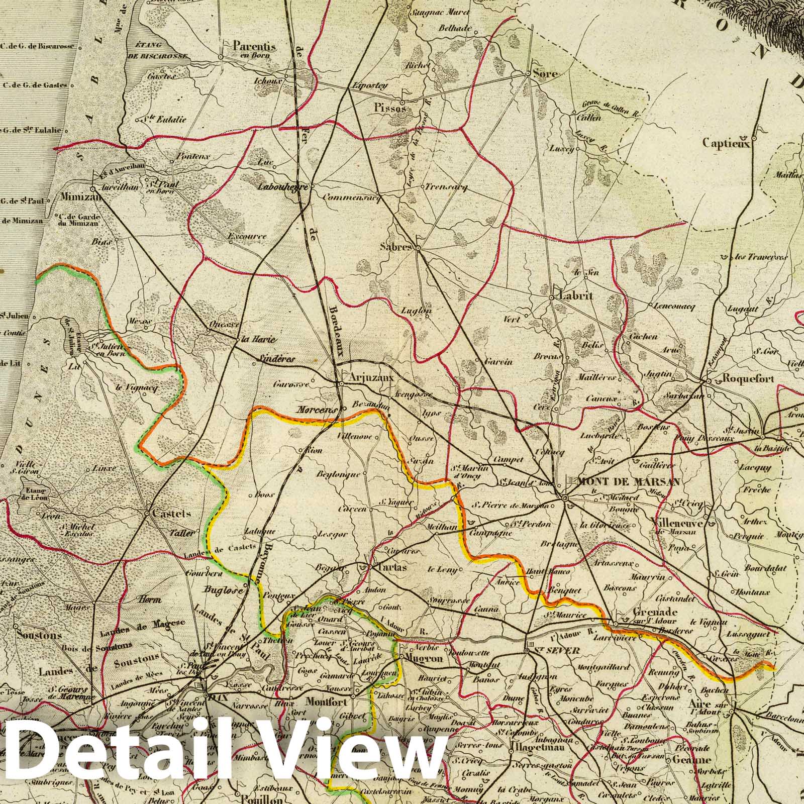 Landes - Road Map, 1856 - Historical Map Print from Atlas National Illustré