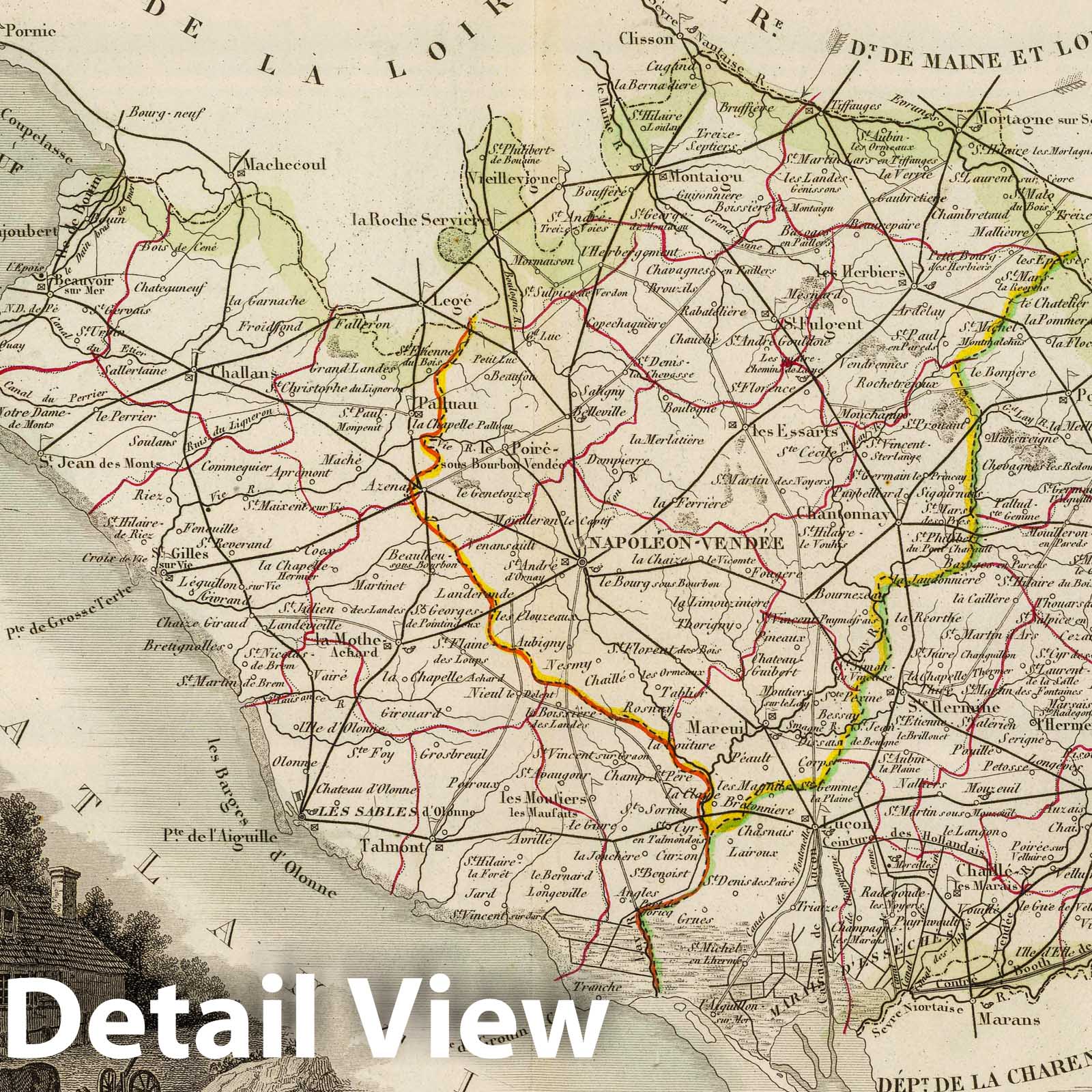 Vendee, France - Road Map, 1856 - Historical Map Print