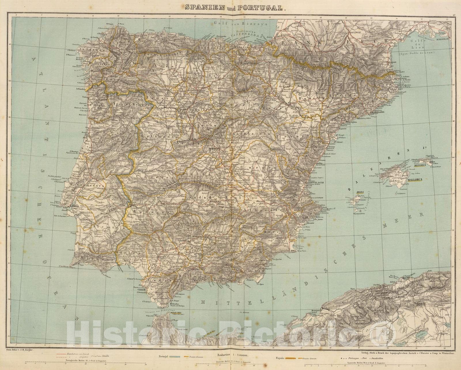 Historic Map : Portugal; Spain, 1864 Spanien u. Portugal. , Vintage Wall Art