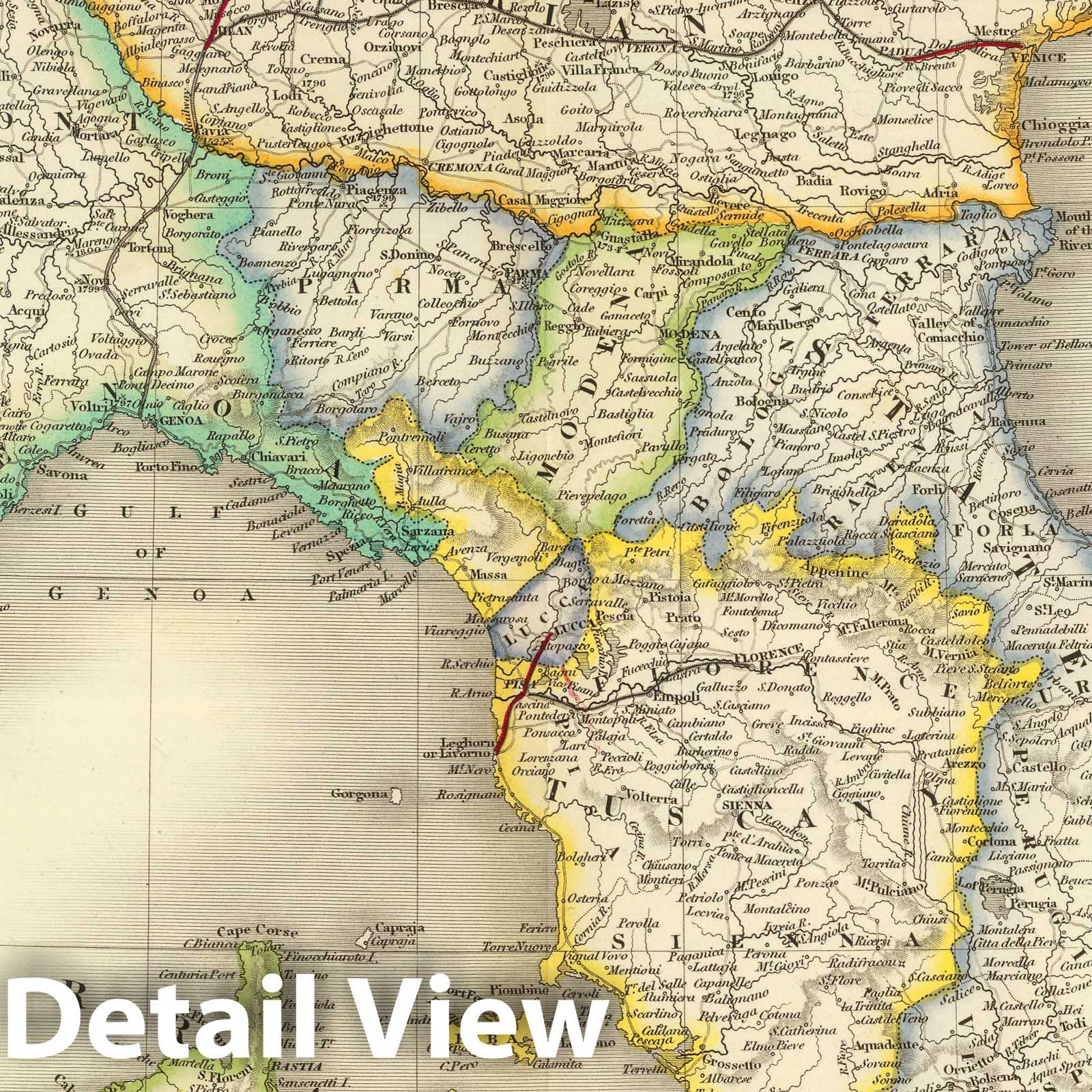 North Italy - Railroad Map, 1844 - Historical Map Print