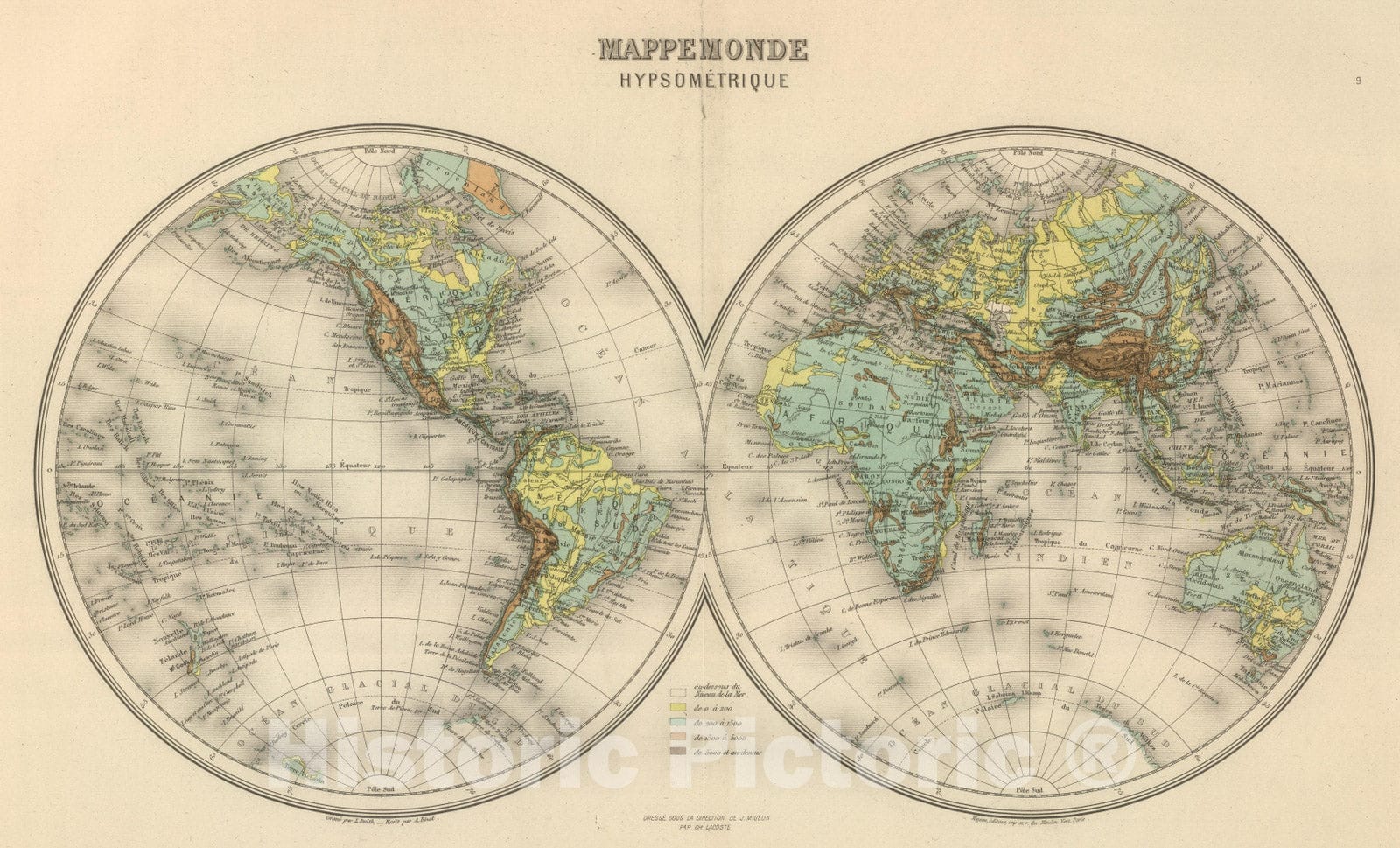 Historic Map : 1892 Mappe Monde. Hypsometrique. - Vintage Wall Art