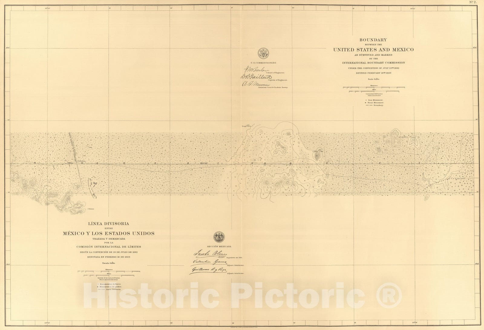 Historic Map : Mexico, Northern Mexico 1901 Linea Divisoria Entre Mexico Y Los Estados Unidos. No. 2. , Vintage Wall Art
