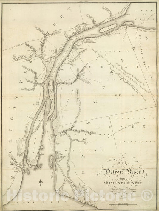 Historic Map : 1824 Map of Detroit River and Adjacent Country. - Vintage Wall Art