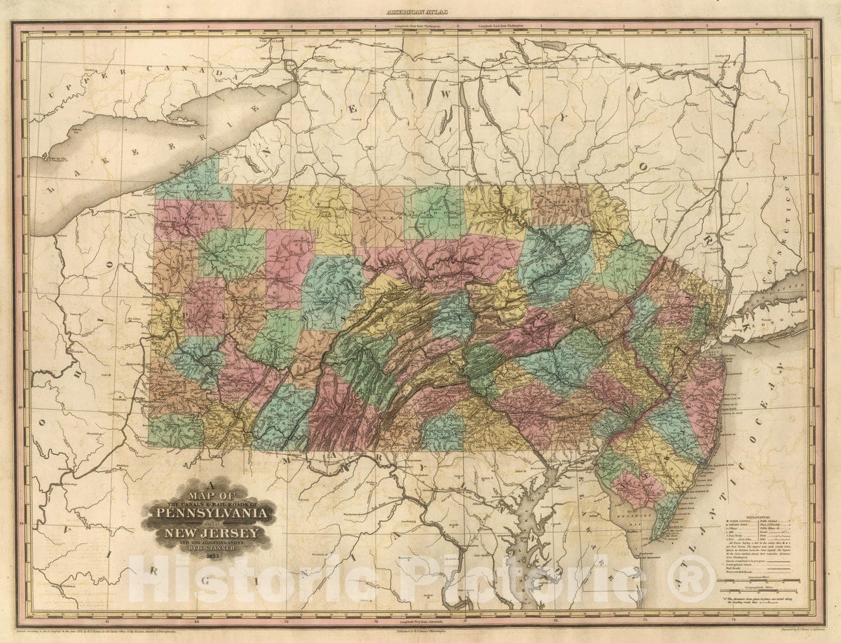 Historic Map : 1833 Pennsylvania and New Jersey. v1 - Vintage Wall Art