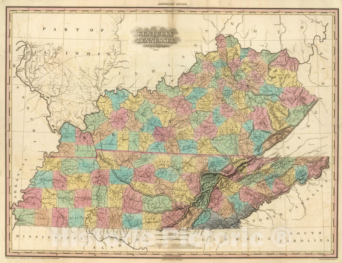 Historic Map : 1827 Kentucky And Tennessee. - Vintage Wall Art