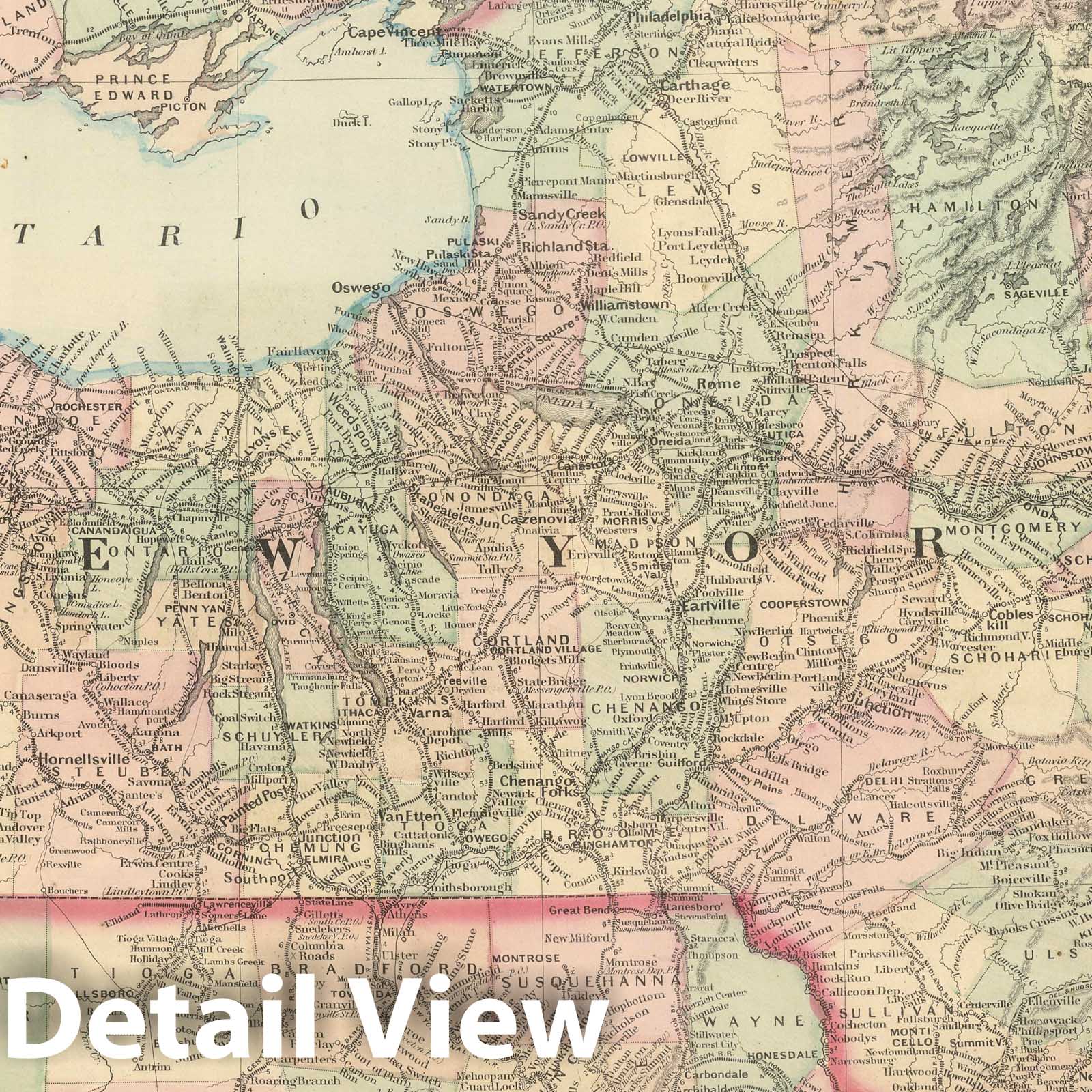 New York - Railroad Map, 1875 - Asher & Adams Historical Map Print