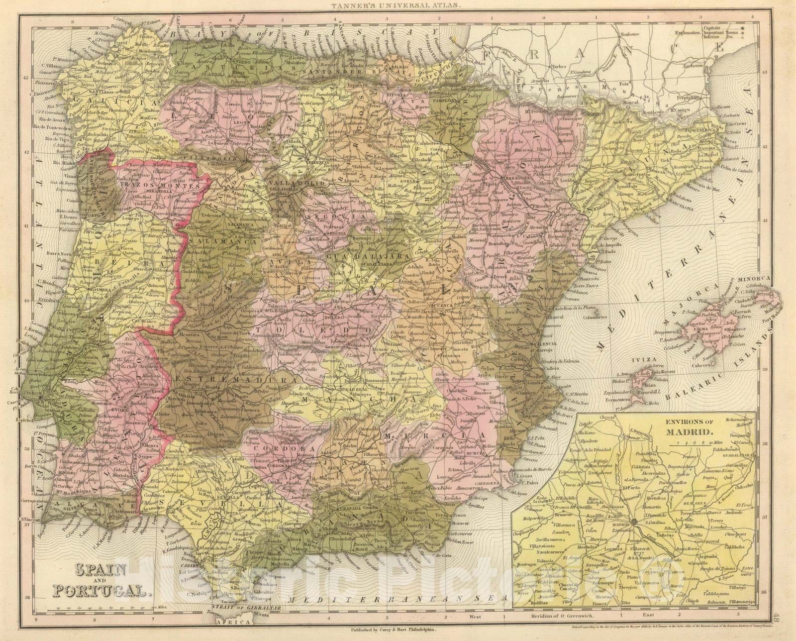 Historic Map : 1845 Spain and Portugal. - Vintage Wall Art