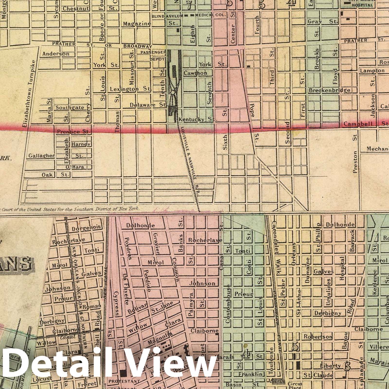 Louisville, Kentucky and New Orleans, Louisiana - Physical Map, 1857