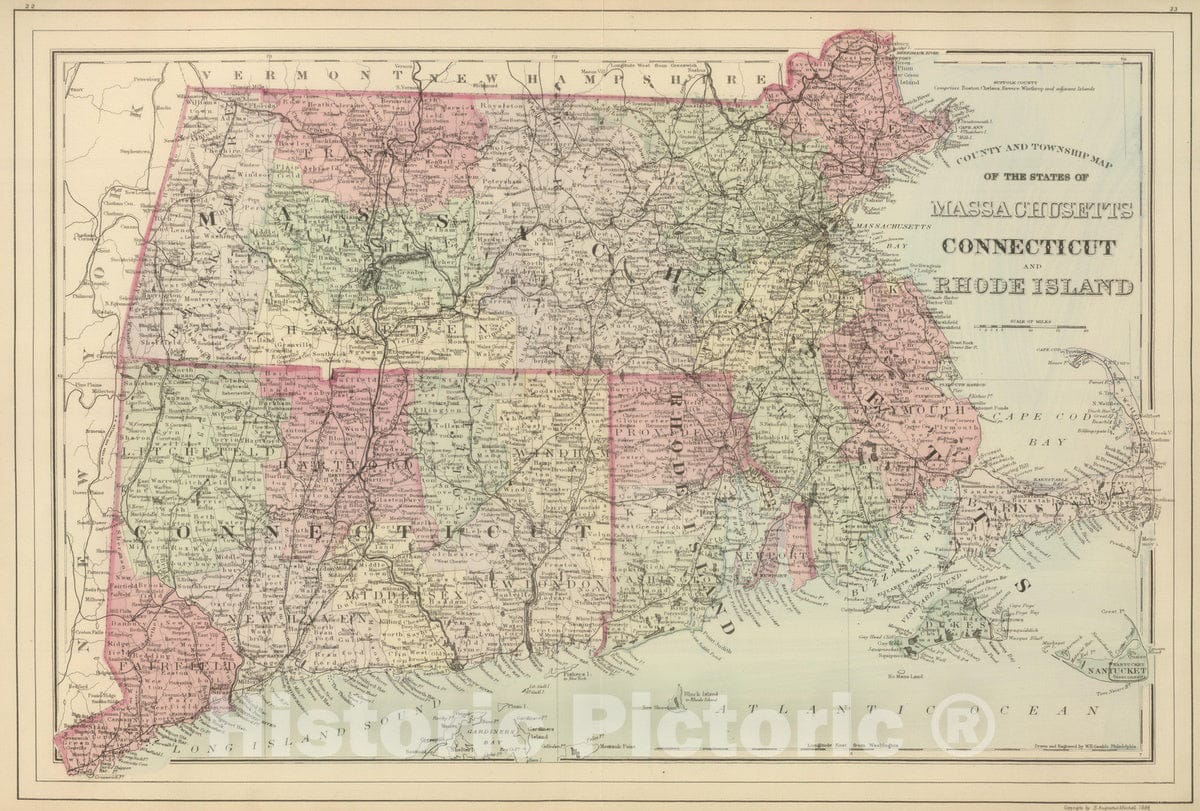 Historic Map : 1884 Mass, Conn, R.I. - Vintage Wall Art