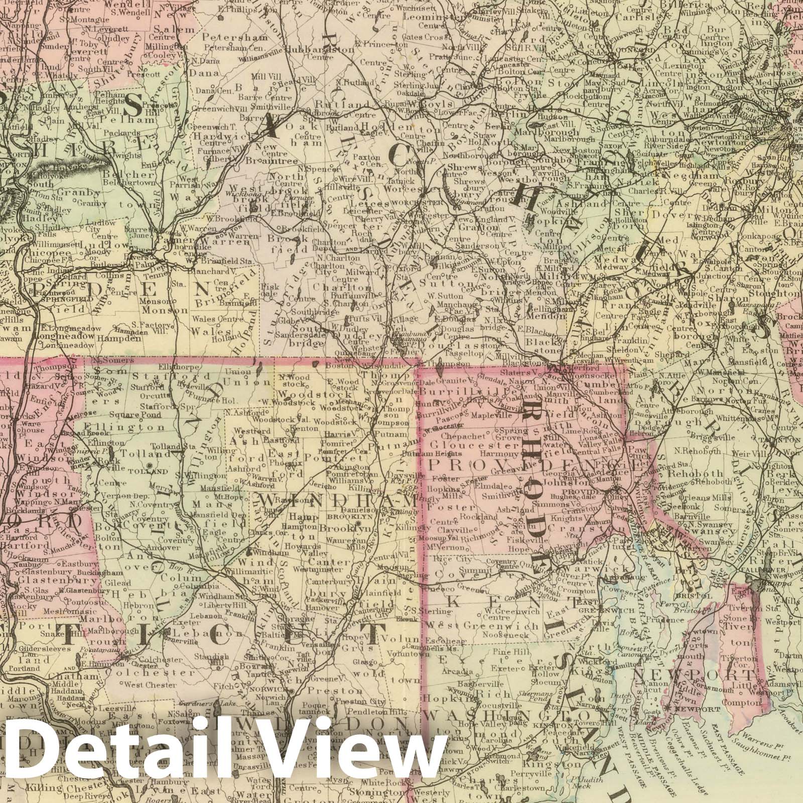 Massachusetts, Connecticut, and Rhode Island - Railroad Map, 1884