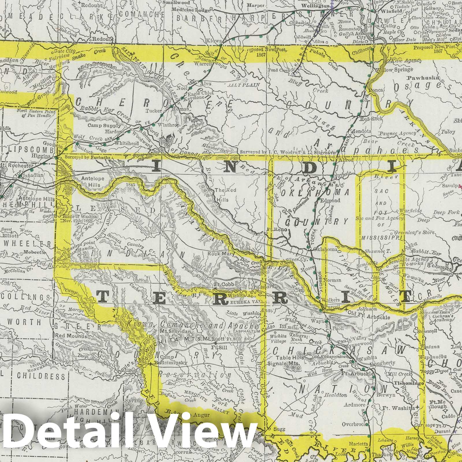 Indian Territory, Oklahoma - Railroad Map, 1889 - Historical Map Print