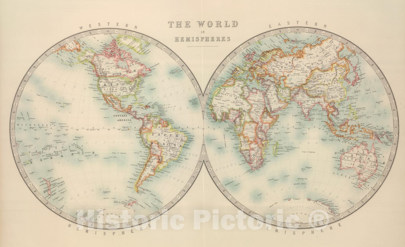 Historic Wall Map : 1912 World in Hemispheres. - Vintage Wall Art