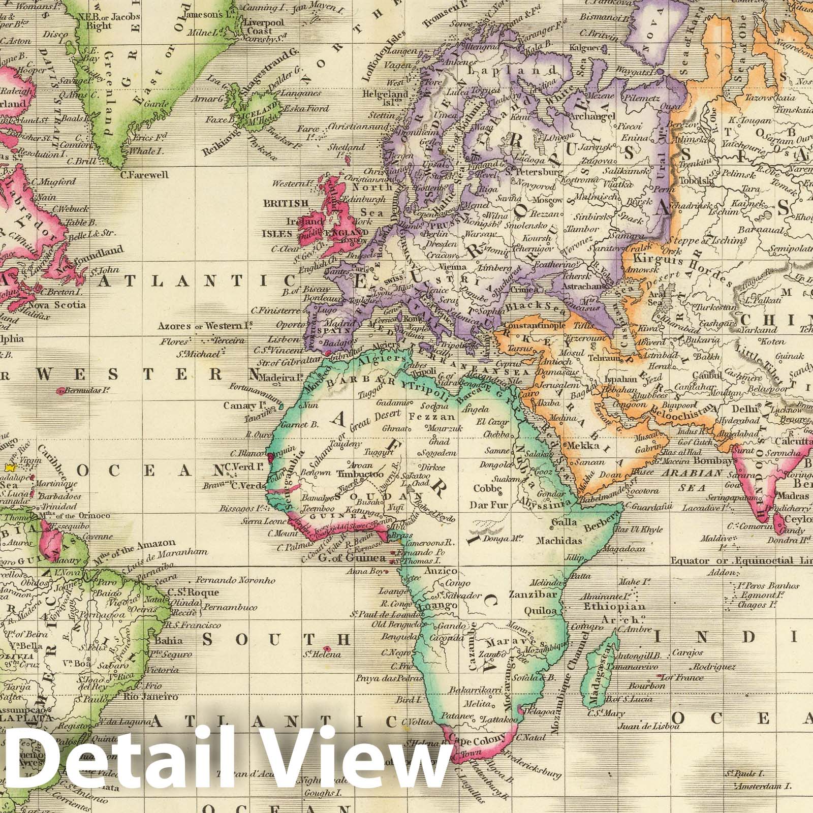 World on Mercators Projection - River Map, 1844 - Historical Map Print