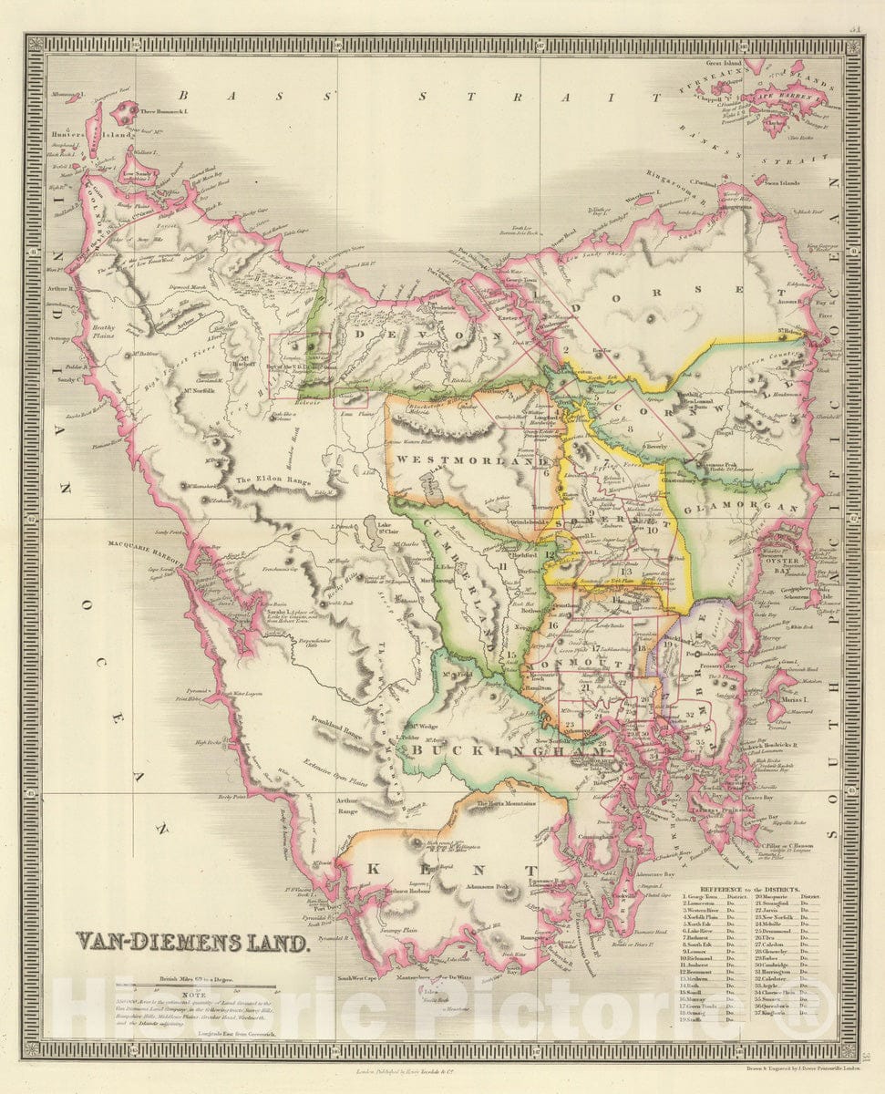 Historic Map : Australia, Tasmania, 1844 Van-Diemens Land. , Vintage Wall Art