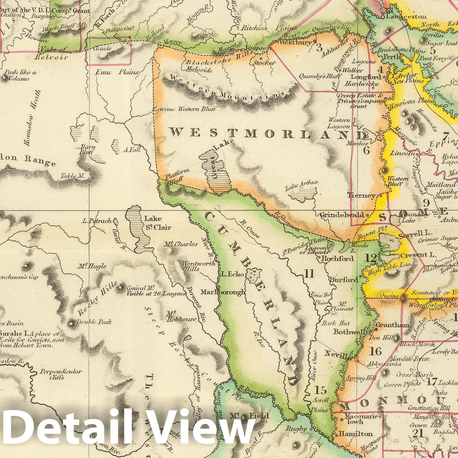 Van Diemen's Land, Tasmania - Road Map, 1844 - Historical Map Print