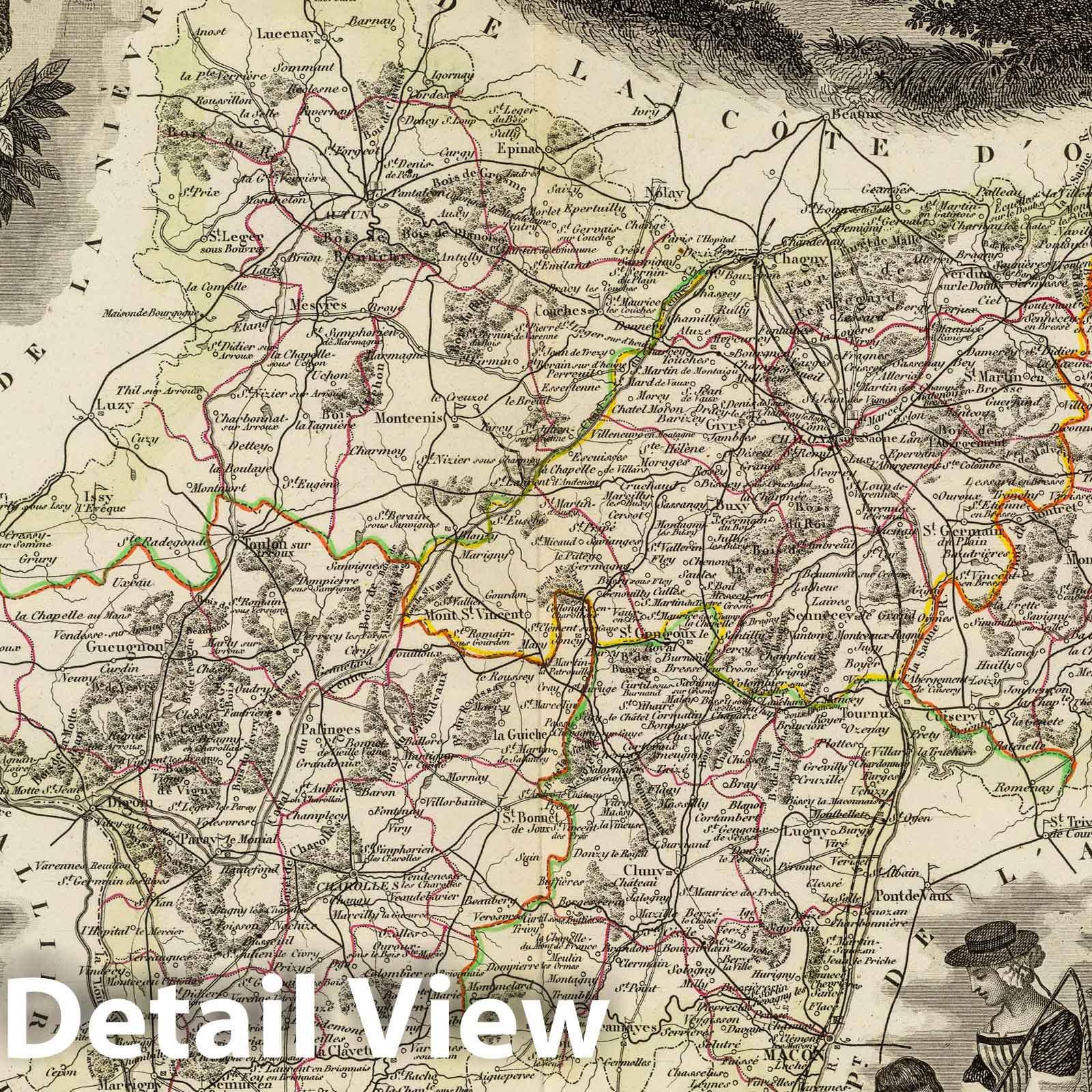 Saone-et-Loire, France - Road Map, 1856 - Hand-Colored Historical Map Print