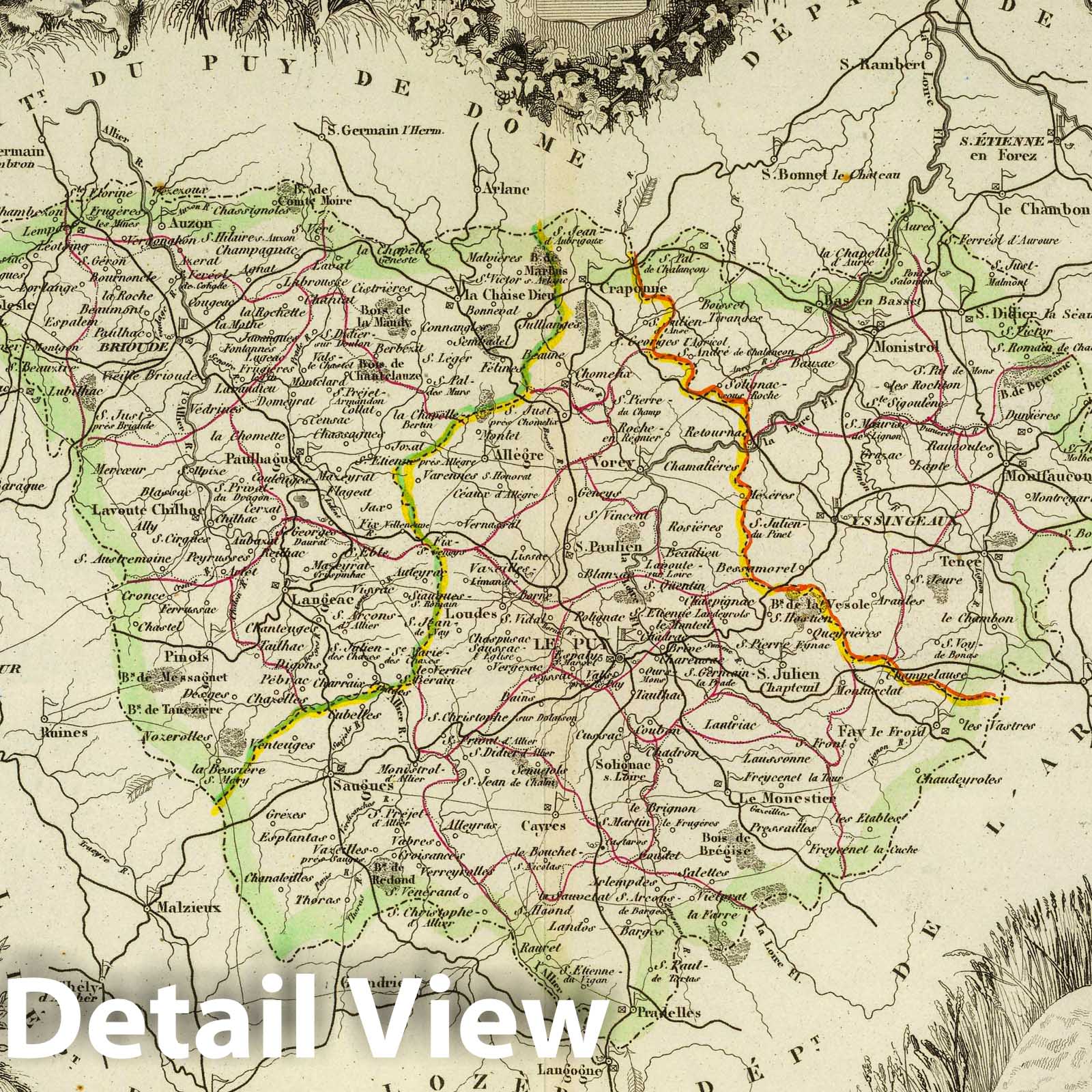 Haute Loire, France - Road Map, 1856 - Historical Map Print