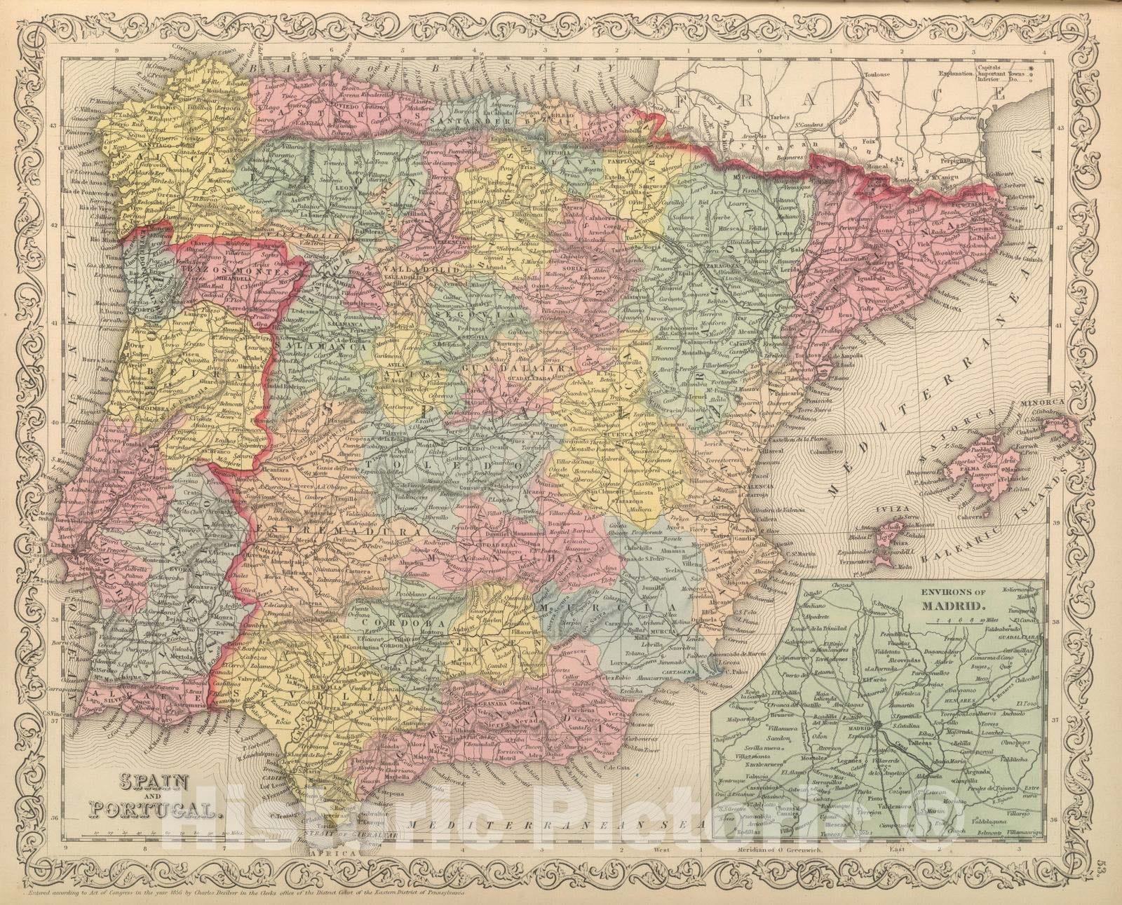 Spain and Portugal - Railroad Map, 1859 - Historical Map Reproduction