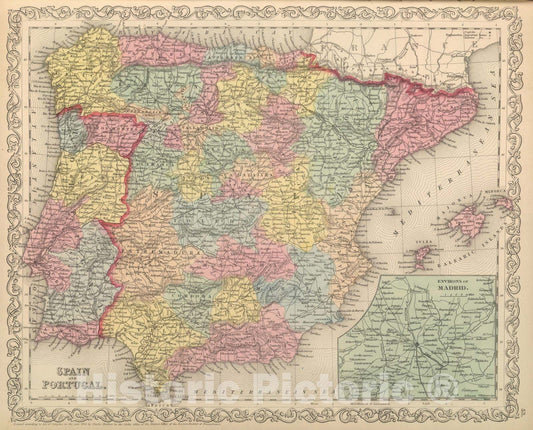 Spain and Portugal - Railroad Map, 1859 - Historical Map Reproduction