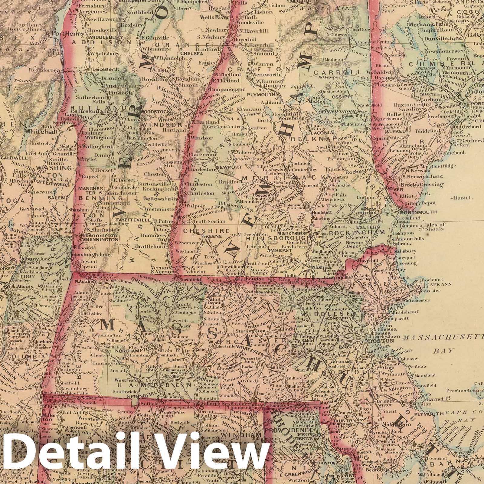 New Hampshire, Vermont, Massachusetts, Rhode Island, Connecticut Railroad Map 1875