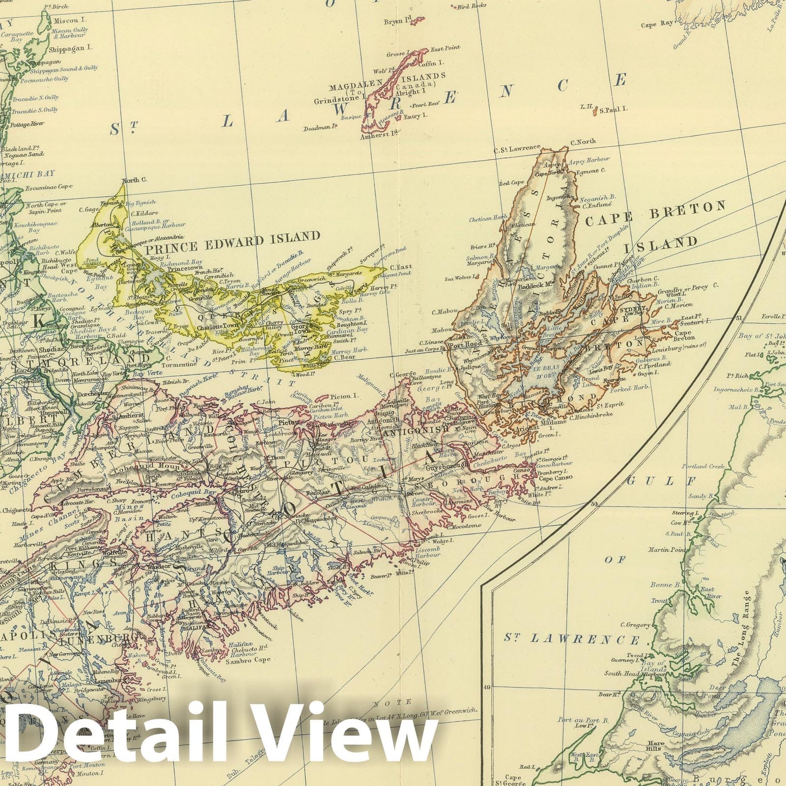 Eastern Canada: New Brunswick, Nova Scotia, Prince Edward Island, Newfoundland, 1879 Historical Map Print
