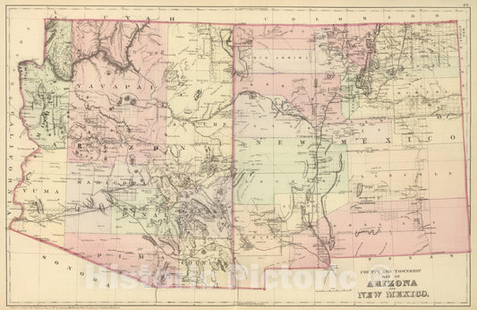 Arizona and New Mexico - Railroad Map, 1882 - Historical Map Print