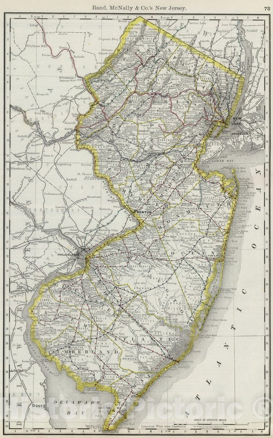 New Jersey - Railroad Map, 1889 - Historical Map Print