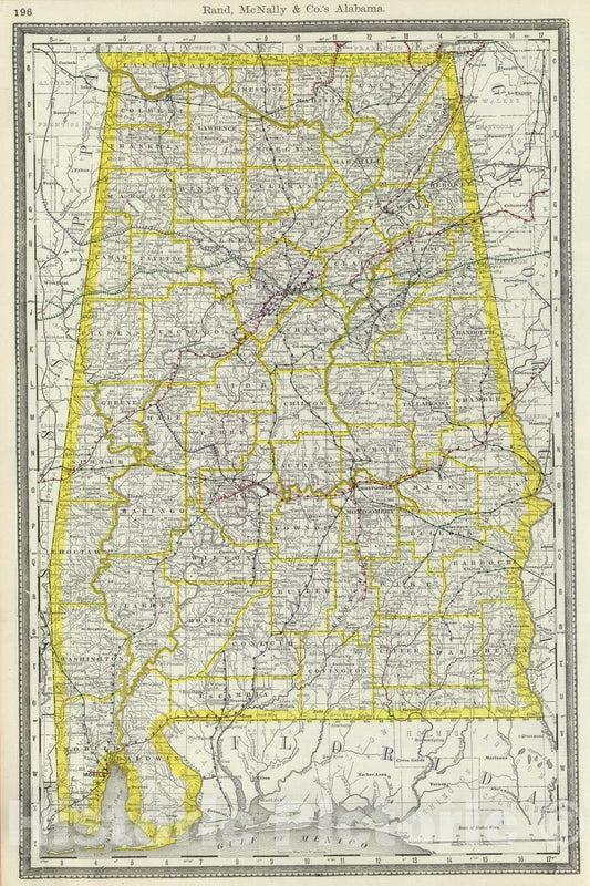 Alabama - Railroad Map, 1889 - Rand McNally Historical Map Print