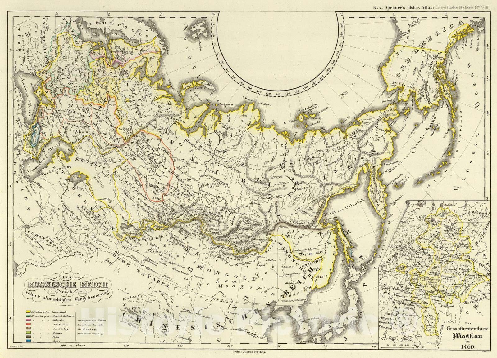 Historic Map : Russia, 1862 Das russische Reich nach seiner allmaehligen Vergrosserung. , Vintage Wall Art