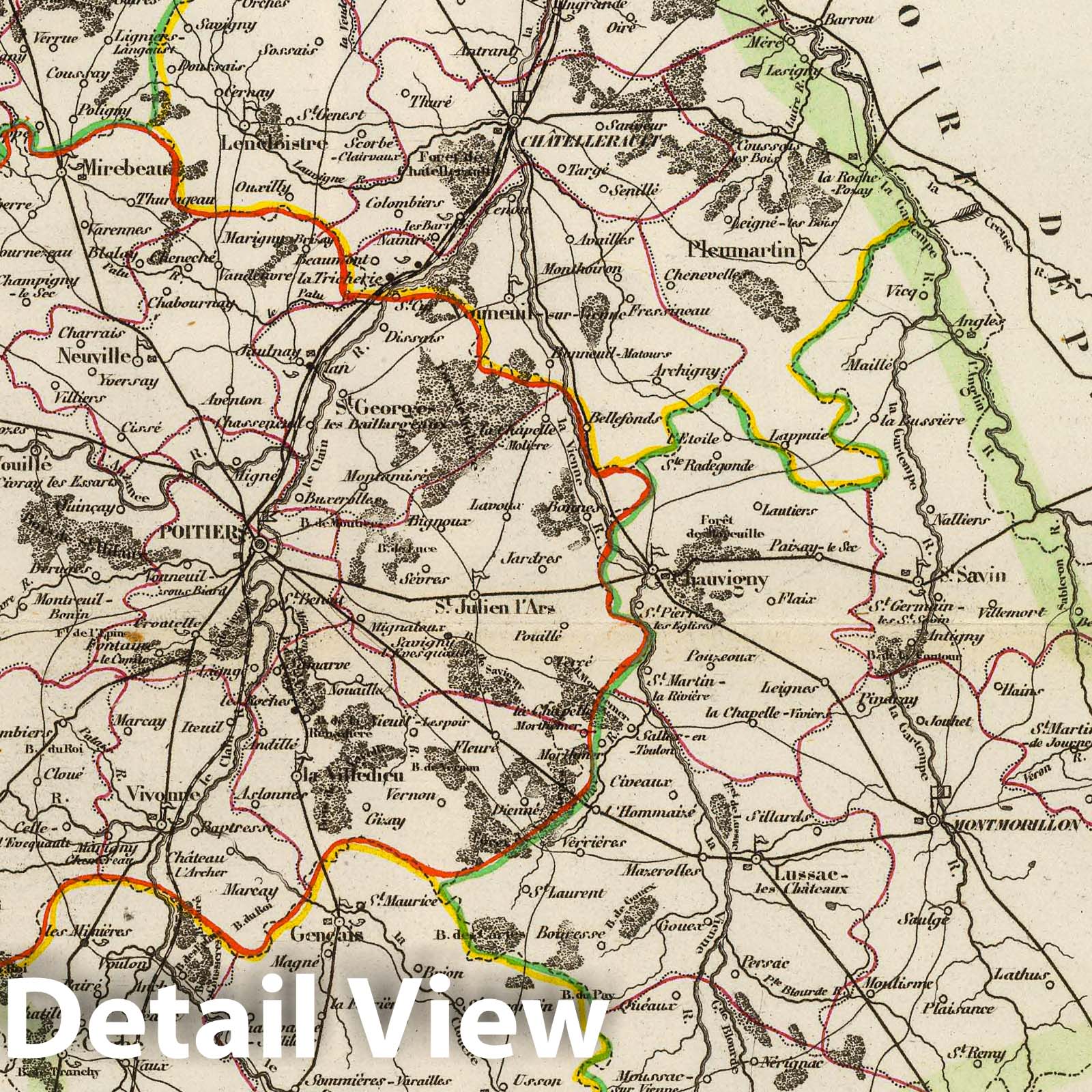 Department of Vienne, France - Road Map, 1856 - Historical Map Print