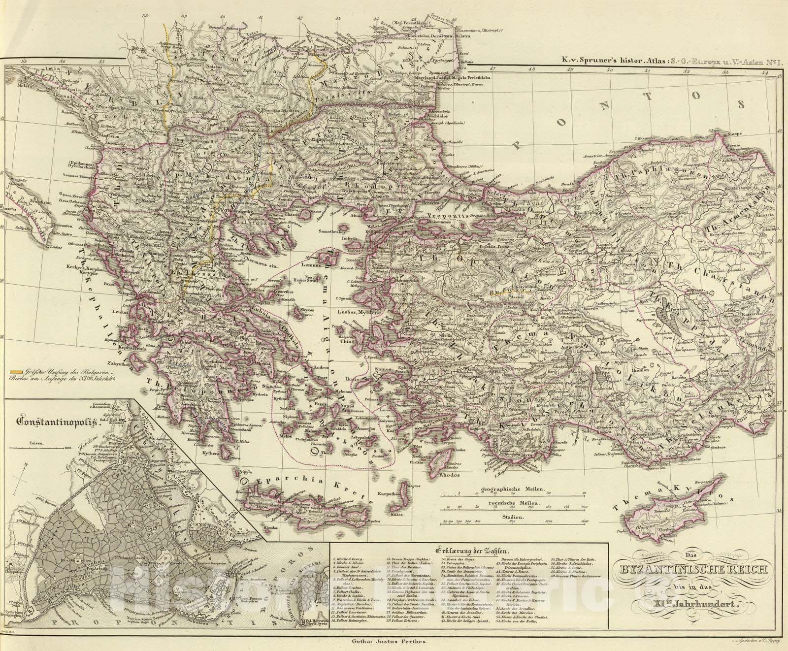 Byzantine Empire to 11th Century with Constantinople, 1855 - Historical Map Print