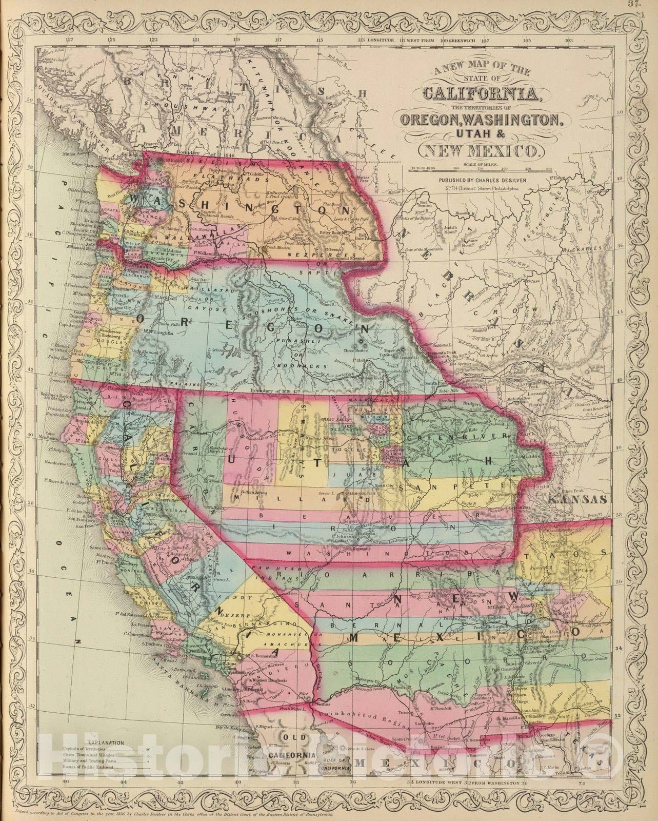 Historic Map : 1859 California, Territories of Oregon, Washington, Utah, New Mexico. v1 - Vintage Wall Art