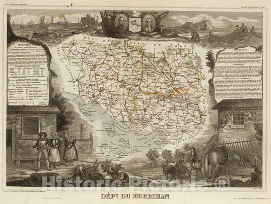 Historic Map : France, 1856 Dept. Du Morbihan. , Vintage Wall Art