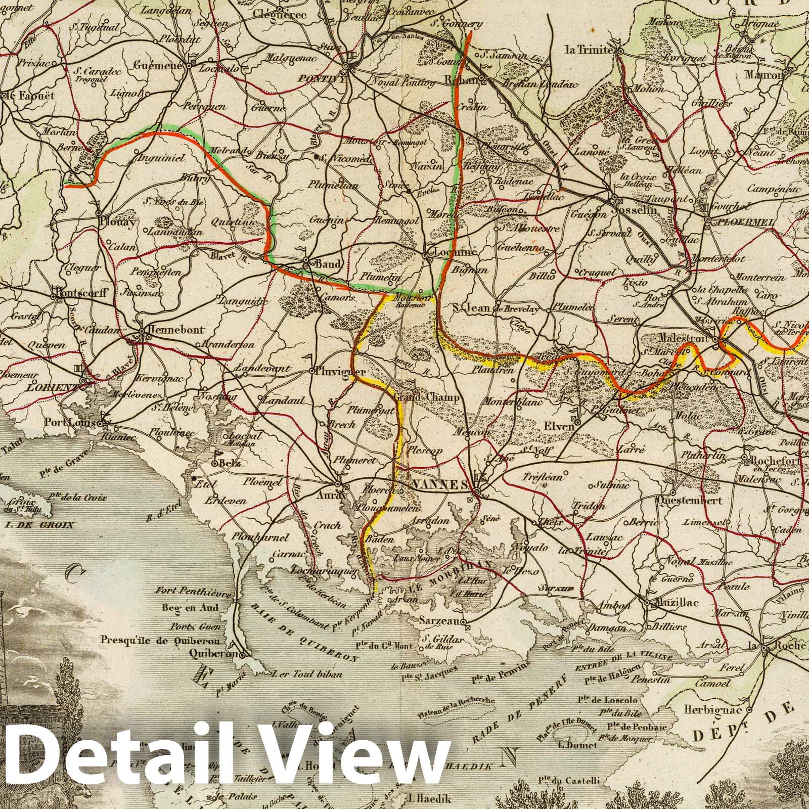 Morbihan, France - Road Map, 1856 - Historical Map Print