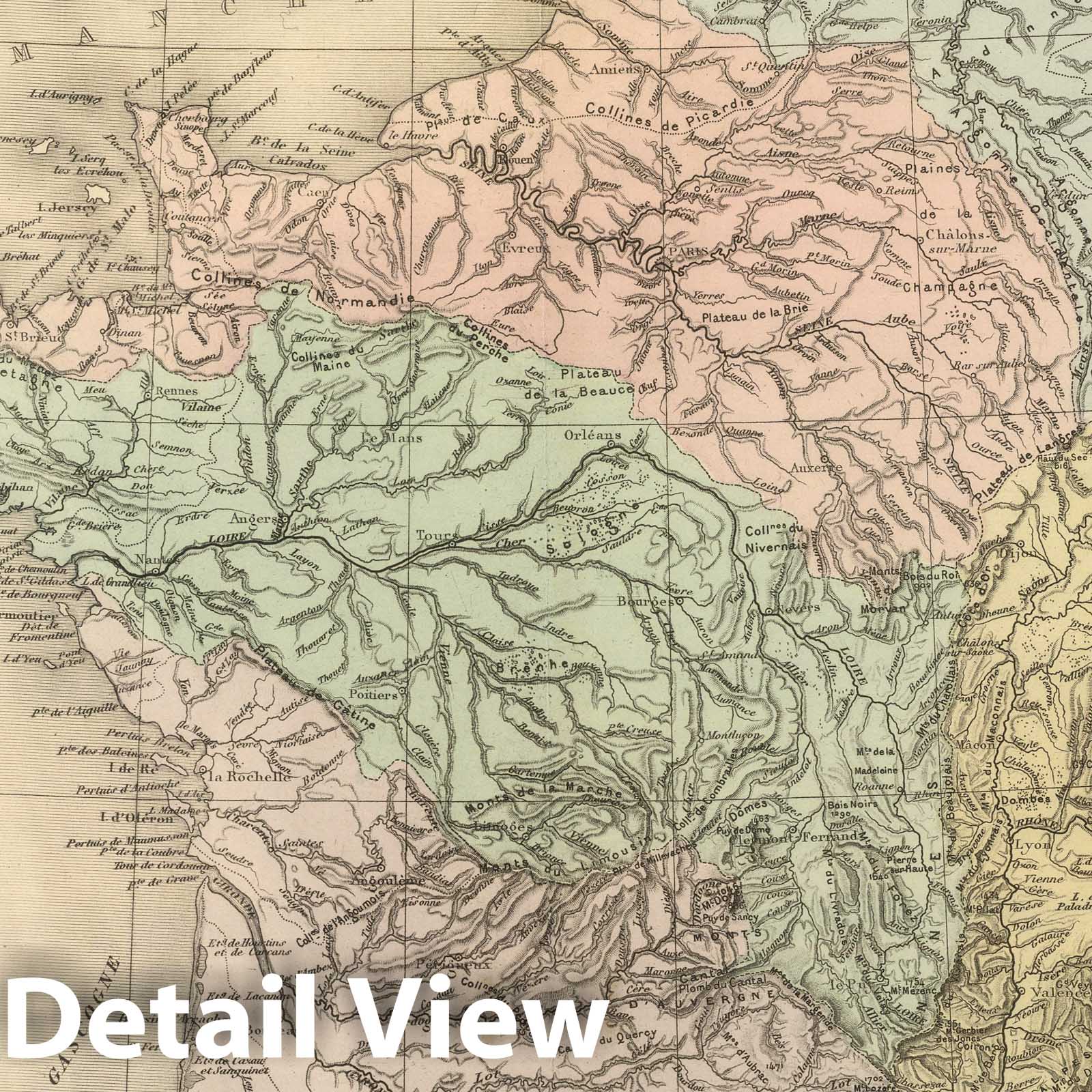 France - Physical Map, 1892 - Hand-Colored Atlas Plate Print