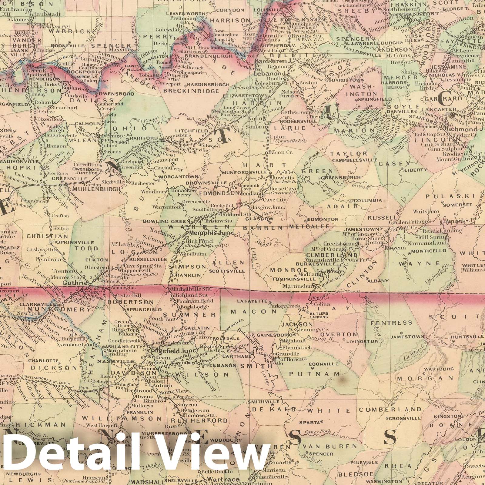 Kentucky and Tennessee - Railroad Map, 1875 - Historical Map Print