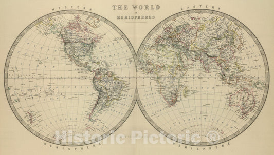 World in Hemispheres, 1879 - Historical Map Print