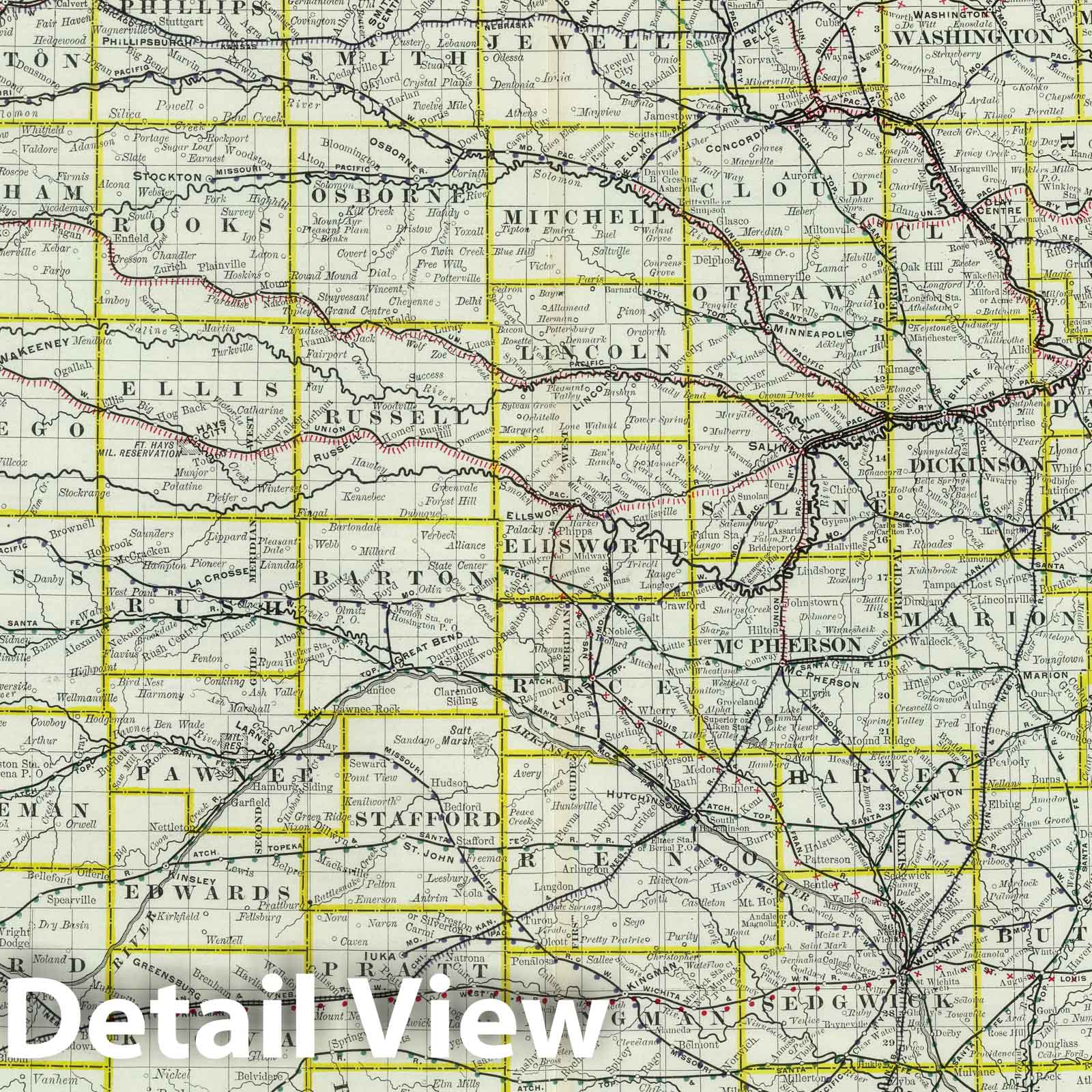 Kansas - Railroad Map, 1889 - Historical Map Print