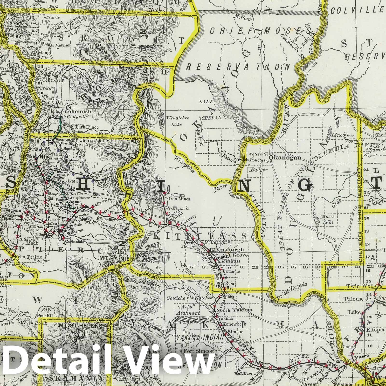 Washington - Railroad Map, 1889 - Rand McNally Atlas Reproduction
