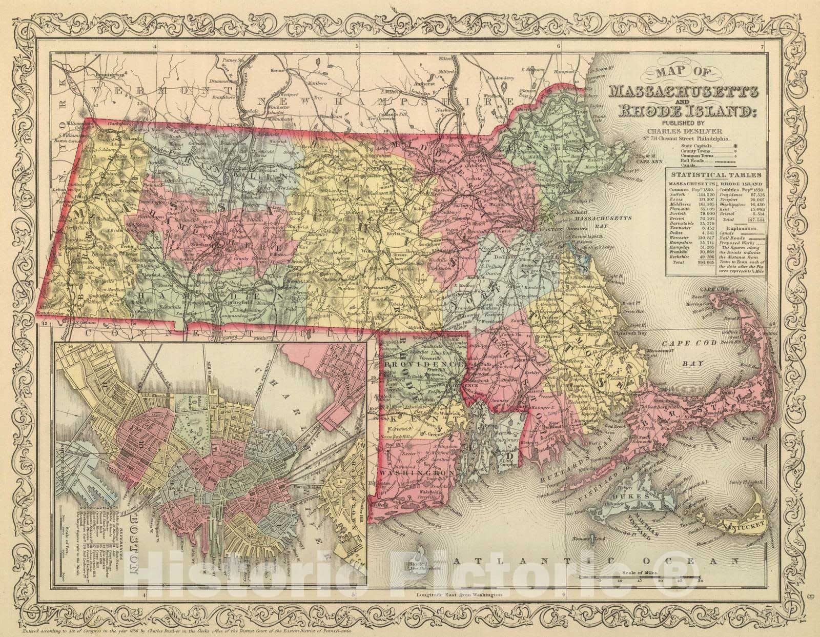 Historic Wall Map : 1859 Massachusetts And Rhode Island. v1 - Vintage Wall Art